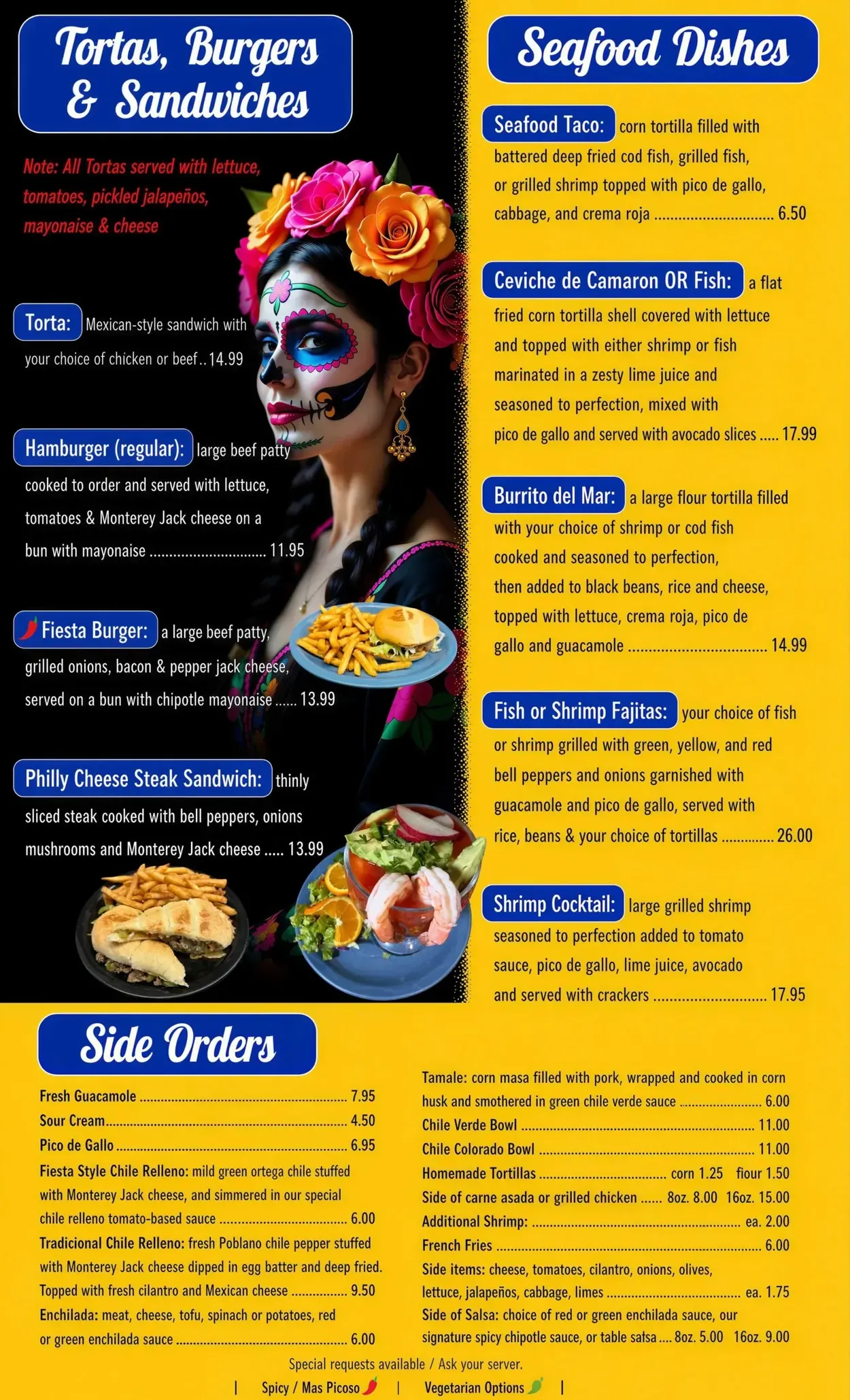 Seafood & Tortas menu page